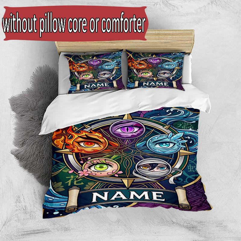 3pcs Duvet Cover Set (1*Duvet Cover + 2*Pillowcase, Without Core), Custom Name Demon Slayer Anime Pattern Bedding Set, Home Bedroom Decor Gift