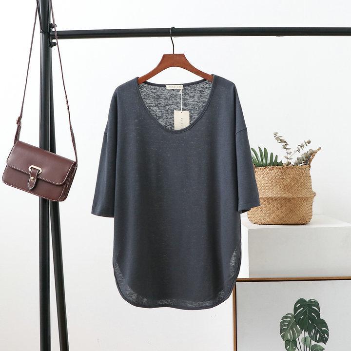 Women's Korean-Style Summer Cotton Linen Round Neck Shirt, Loose Fit, Mid-Sleeve, Plus Size Casual Top