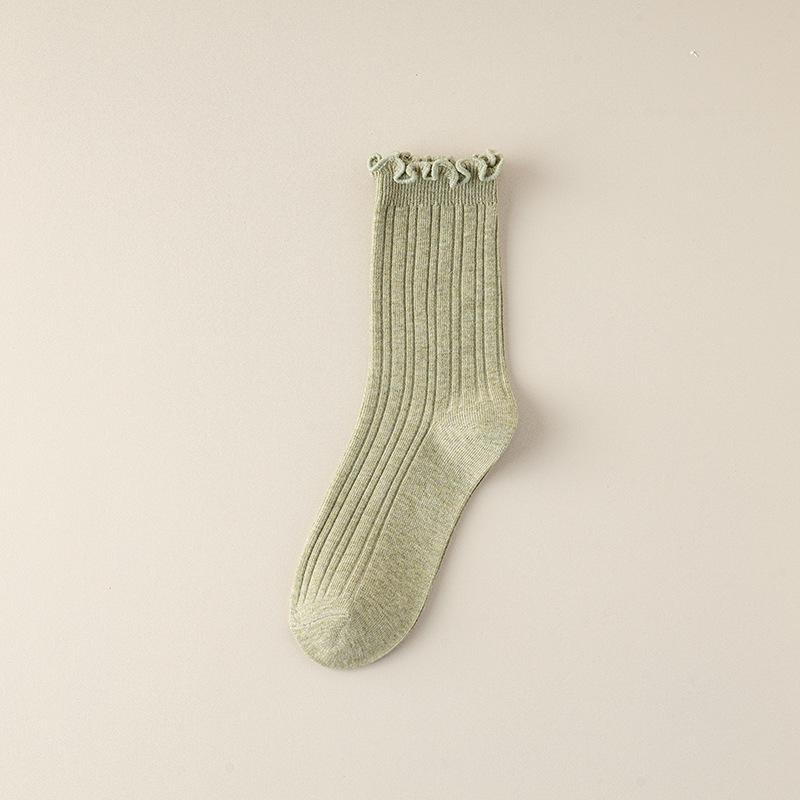 Boneless Socks, Women's Summer Breathable Cotton Socks, Solid Color Mid-calf Socks, Black Fungus Lace, Spring and Autumn Pile Socks