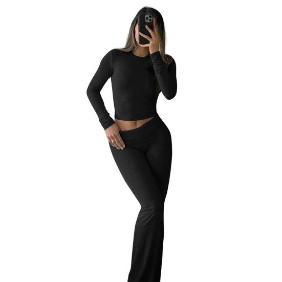 Women's 2 Piece Outfits Long Sleeve Crew Neck Crop Top Ruched Low Waist Flared Pants Set Fall Casual Lounge Set