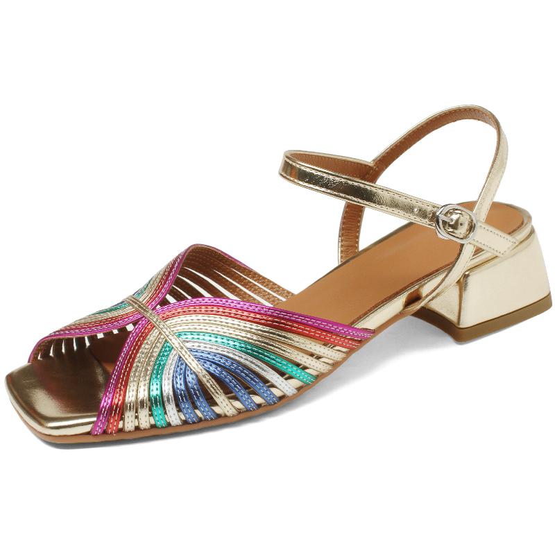 

Brand Low Heels Sandals Women Summer Shoes 2025 Genuine Leather Elegant Flip Flops Peep Toe Strap Luxury Gold Party Shoes Female 39