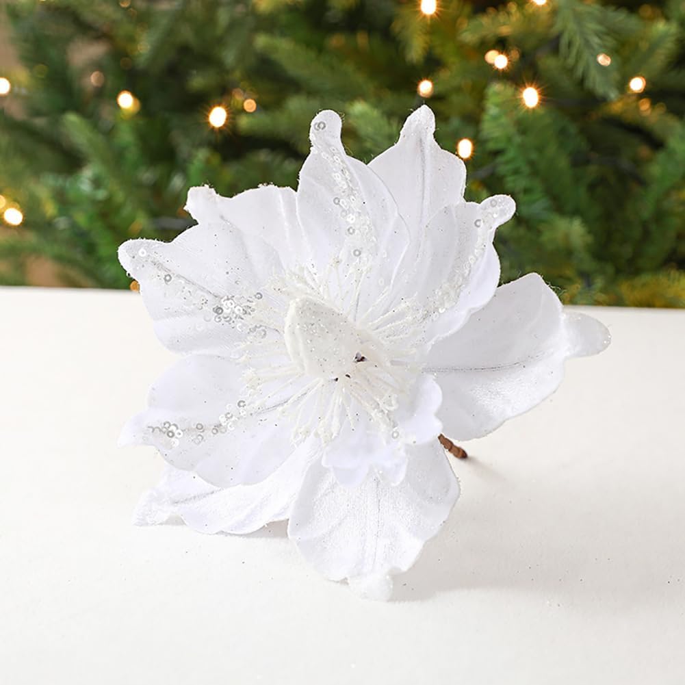 

1 Pcs Poinsettia Artificial Flowers Christmas Tree Ornaments Velvet Glitter Magnolia Flowers for Xmas New Year Party Wedding Holiday DIY Decorations, 6 белый