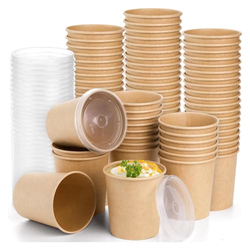 BDHD 100 Disposable Kraft Paper Food Cups, Kraft Paper Bowls, Takeout Lunch Boxes, Paper Soup Containers with Lids, for Hot and Cold Drinks (780ml + P