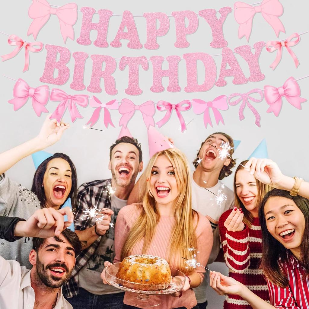 Pink Happy Birthday Banner, Bow Themed Party Decorations Hanging Set Pink Bowes Banner for Women Party Decorations