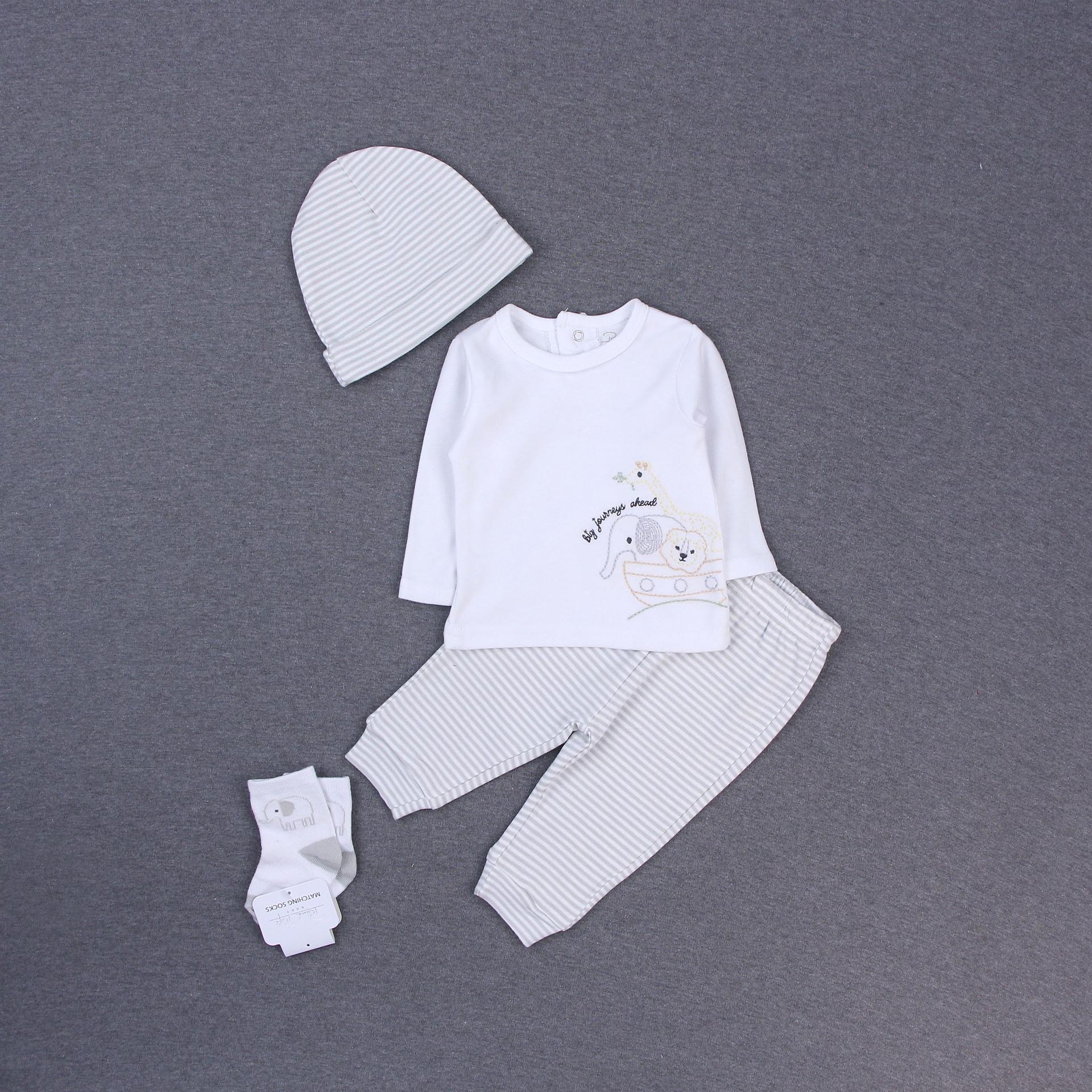 Baby Boys  Four-Piece Pure Cotton Set: Long Sleeve Bodysuit, Pants, Hat, Socks 9 months