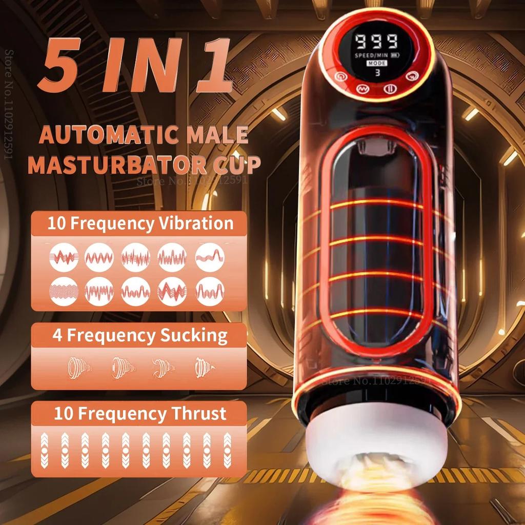Nový vysouvací automatický masturbátor 5 v 1 Vyhřívání sání Vibrace Vyhřívání mužského masturbačního pohárku Vaginální erotický automat Sexy hračky s LED displejem