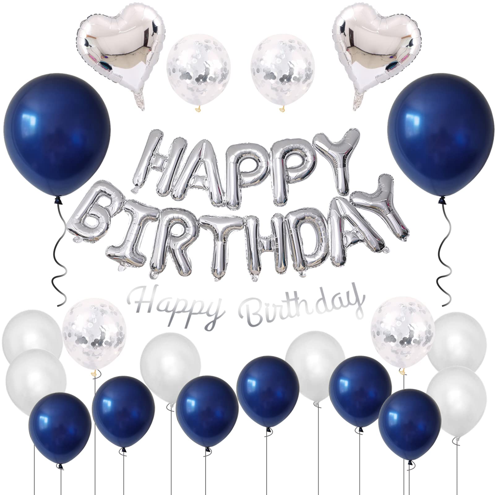 

GRESATEK Birthday Balloon Decoration Set Happy Birthday Heart Confetti Balloons Night Blue with Double-Sided Tape and Ribbons