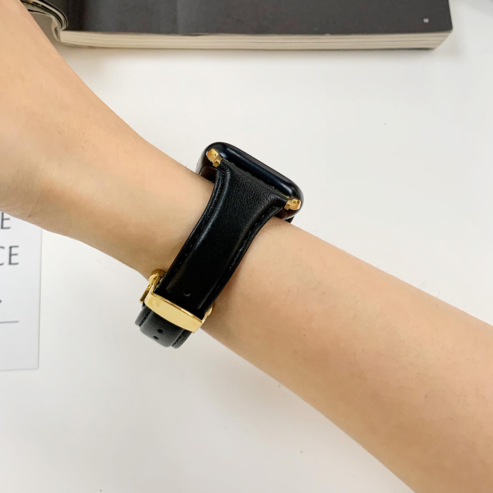 

For Apple Watch 10 46mm/Ultra 2/Ultra 49mm/9 8 7 45mm/SE (2023) SE (2022) SE 6 5 4 44mm/3 2 1 42mm Cow Leather Watchband Replacement Strap Brown/Gold