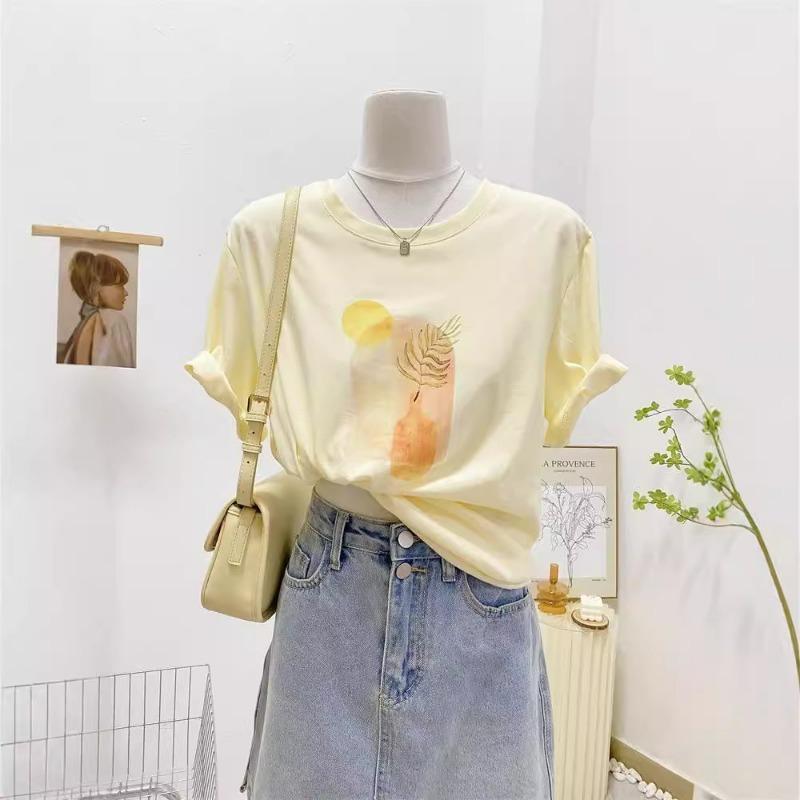 Camiseta Amarilla con Estampado de Jarrón para Mujer Manga Corta Casual Corte Holgado Top de Verano
