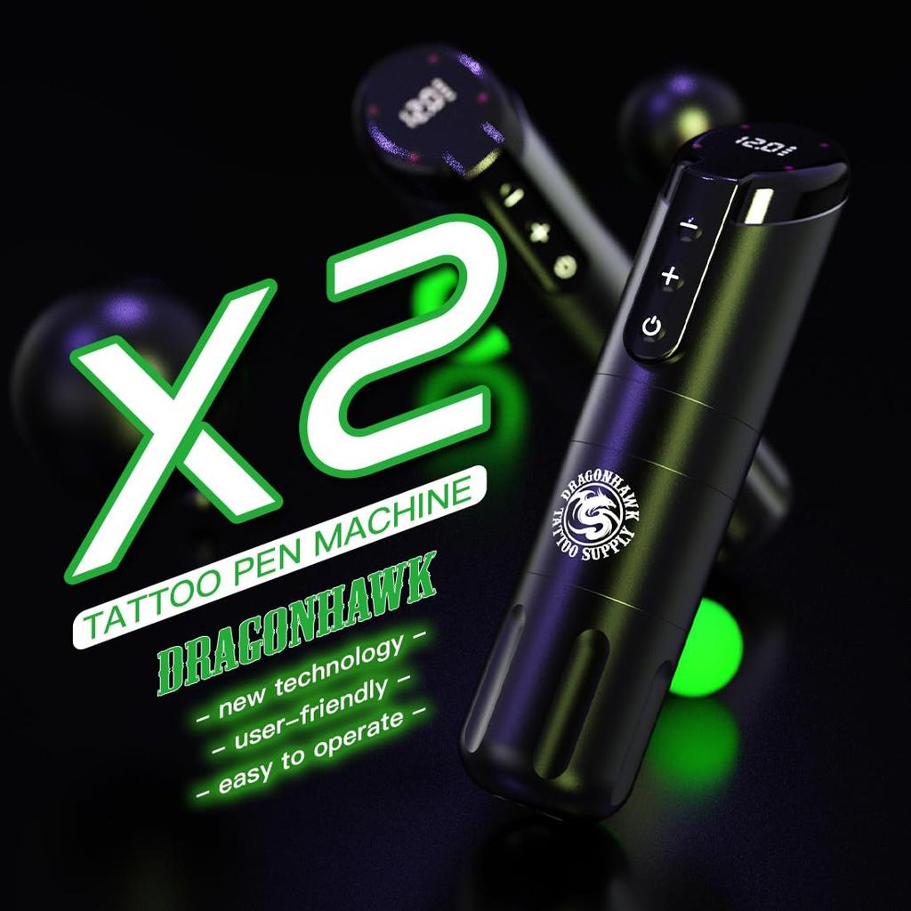 Dragonhawk X2 Wirelss Tattoo Pen Maschinenpistole, Übungs-Tattoo-Stift für Anfänger, Spielen und Tätowieren lernen