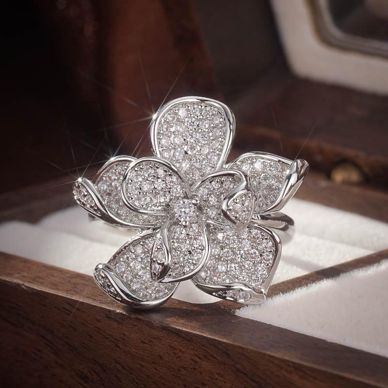 Women Flower Shaped Cubic Zirconia Rings Zinc Alloy Color New Trendy Zircon Exquisite Gift Temperament Female Accessories