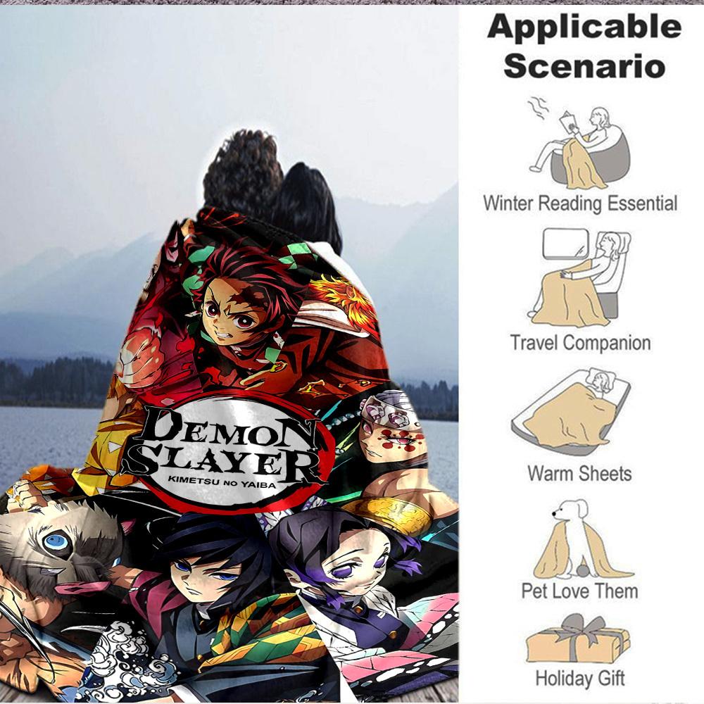 1pc Demon Slayer Flannel Throw Blanket HD Printed Lightweight Soft Warm All Season Blanket for Sofa, Bed, Travel, Camping Machine Washable