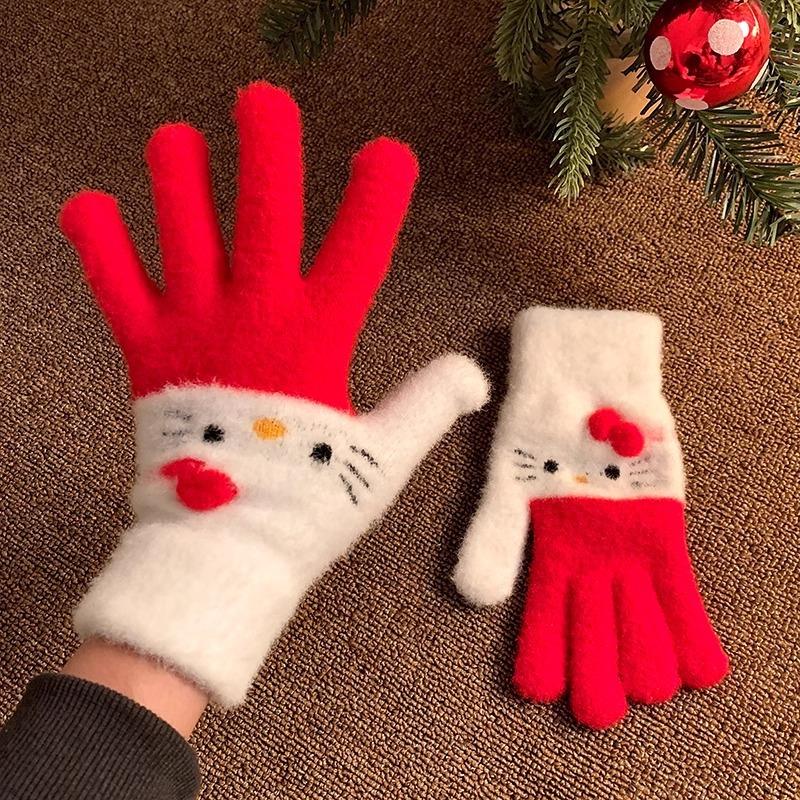 

Милые мультяшные плюшевые перчатки Hello Kitty, студенческие велосипедные зимние теплые пятипалые перчатки, аксессуары, праздничные подарки красный