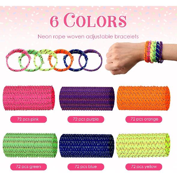 Janinka 432 Pcs Neon Friendship Bracelets Bulk for Kids Adjustable Paracord Bracelets in 6 Assorted Colors Neon Rope Friendship for Girls and Boys