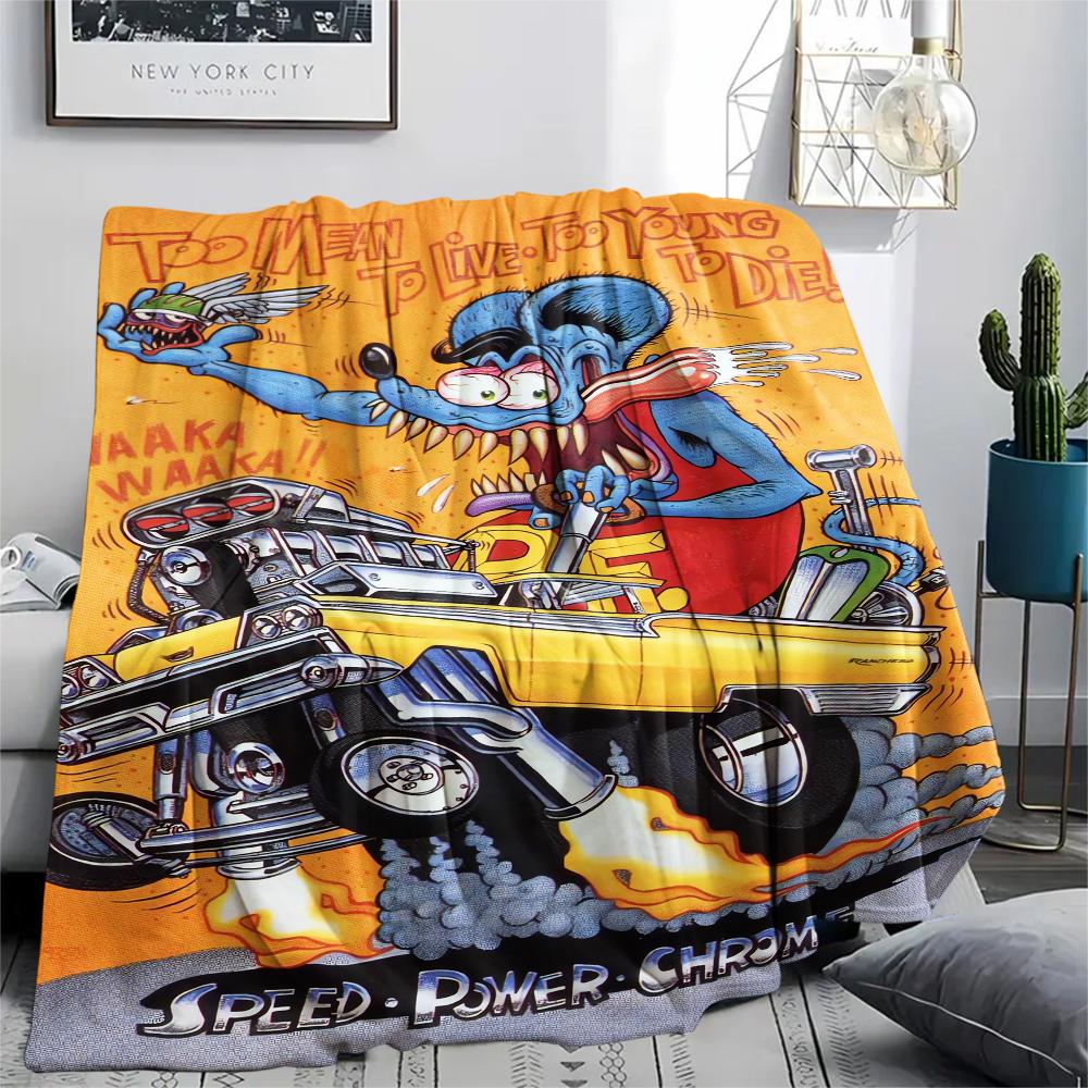 1Pc Rat Fink Print Flannel Blanket, High Quality Comfortable for All Seasons, Home Decor, Warmth and Comfort, Perfect for Christmas Gifts