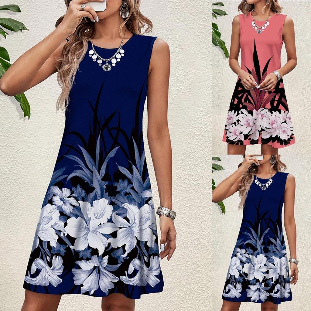 2025 European & American Sleeveless Round Neck Printed Dress for Women
