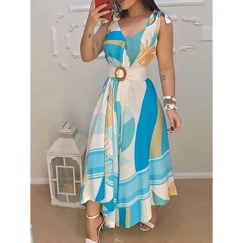 

Sleeveless Printed Lace up Dress + Belt Sleeveless Shoelace Dress + Belt Blue S