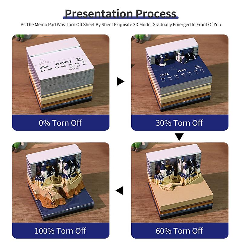 Time Piece Calendar 2026 Desk Calendar With Led Light 3D Tear-Away Calendar Paper Carving Art Memo Pad Notepad Gift Christmas