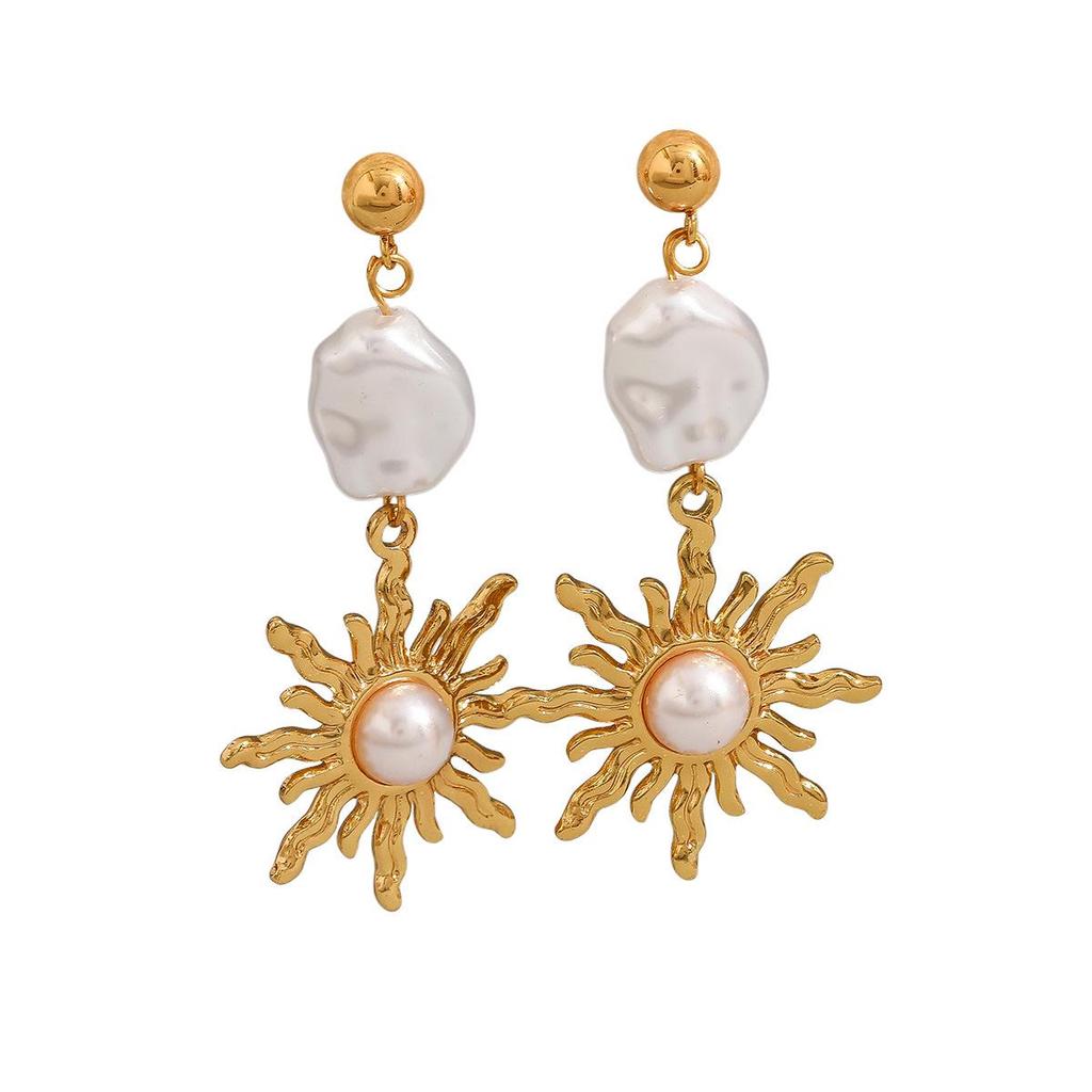 European Baroque Style Pearl Sun Ray Stainless Steel Earrings