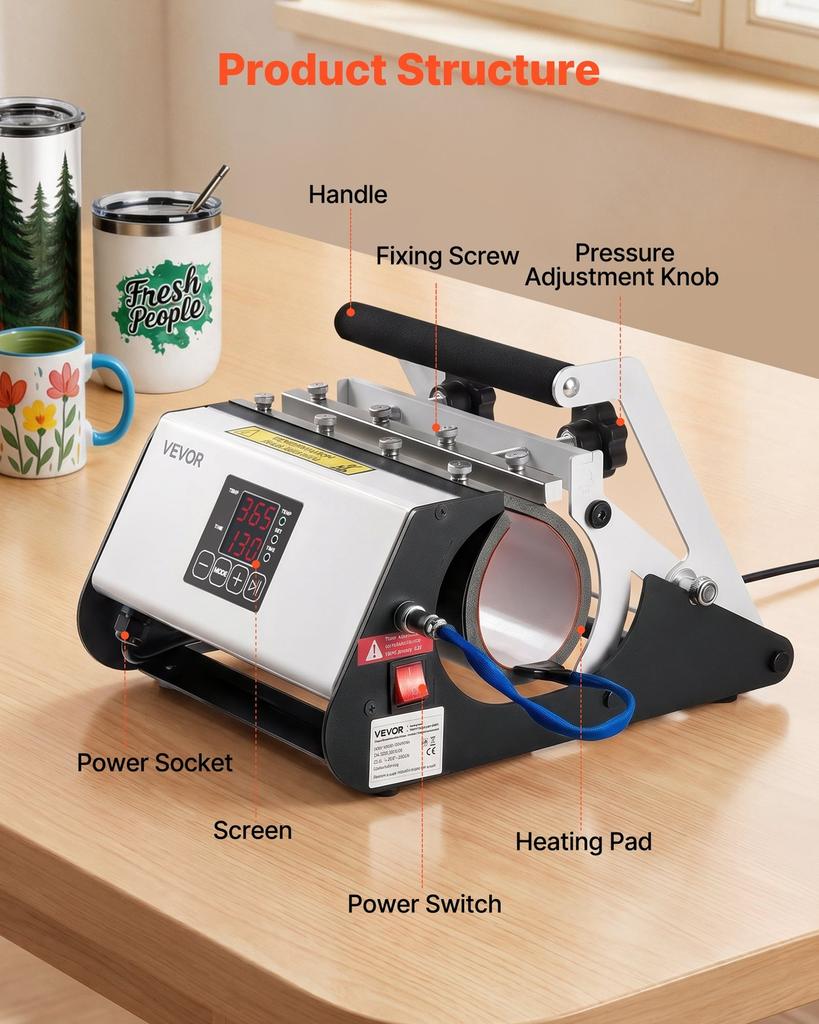Tumbler Heat Press Machine, Max 887 mL Mug Press, Fast and Even Heating, with Tape and Gloves, Easy Temp and Time Setting, Heat Transfer for