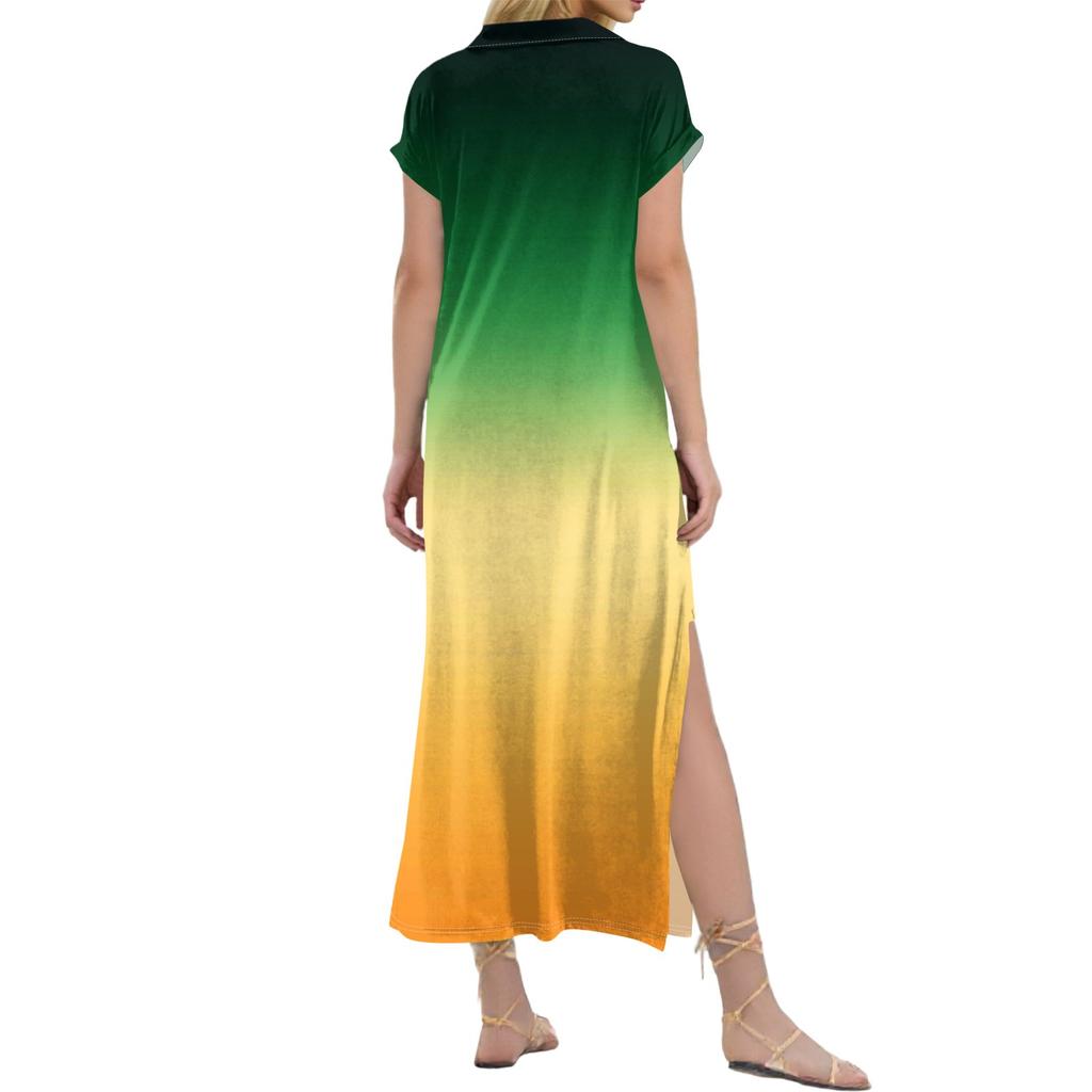 Damen Langer Rock Lässiges V-Ausschnitt Langes Hemdkleid Lockerer Schlitz Urlaub Kurzarmkleid