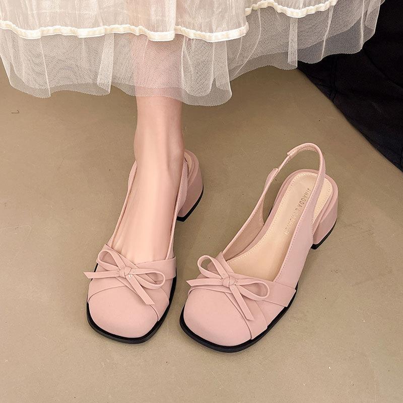 Fashion Pink Mary Jane Women's Shoes Thick Heel Summer New Bow Satin Bag Head Empty Sandals Women