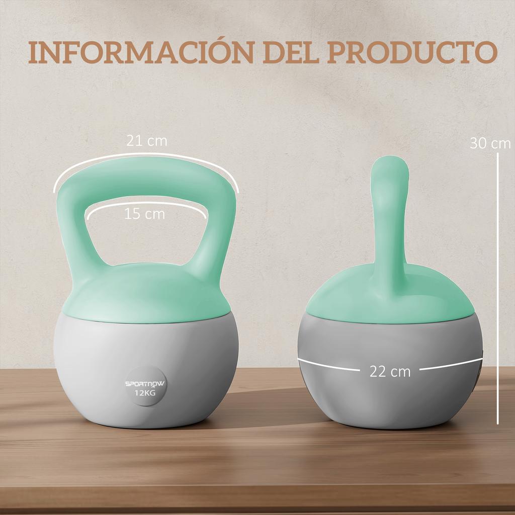 Kettlebell, 12 Kg, Sand Filled Metal, Non-Slip Handle, 21 X 21 X 30 Cm, Green and Grey