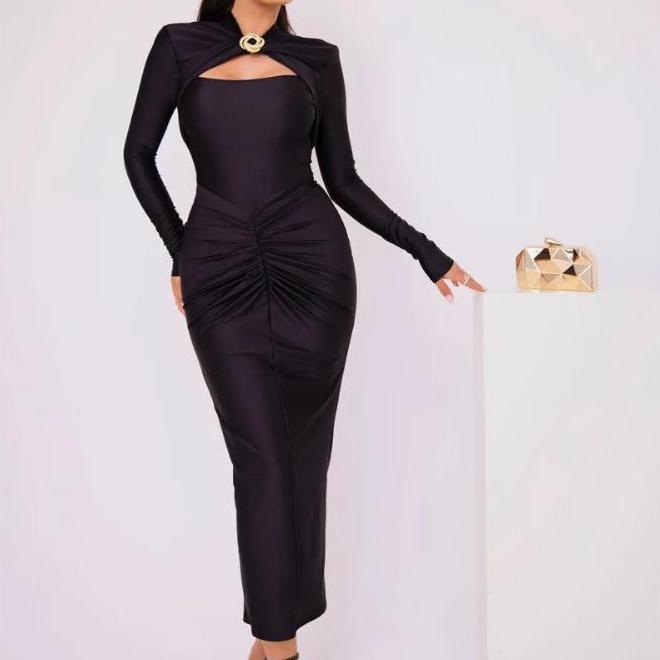 

Длинное сексуальное платье макси с открытыми рукавами для женщин, осенне-весеннее новое длинное платье с металлической пряжкой и разрезом, элегантное M чёрный