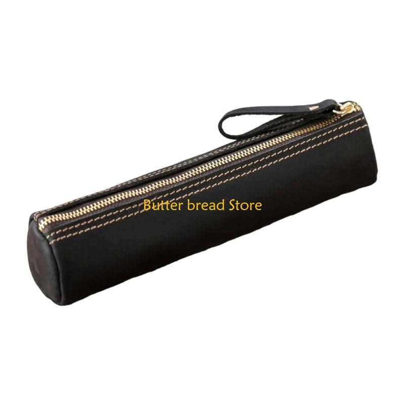 W89C Genuine Leather Pencil Case Fountain Pen Pouches Zippered Pen Organiser Bag чёрный
