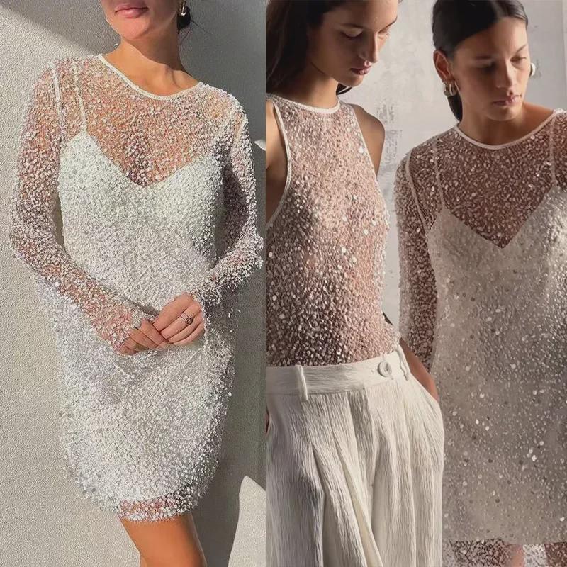 Women's Bubble Beads See-Through Mesh Suspender Two-Piece Dress