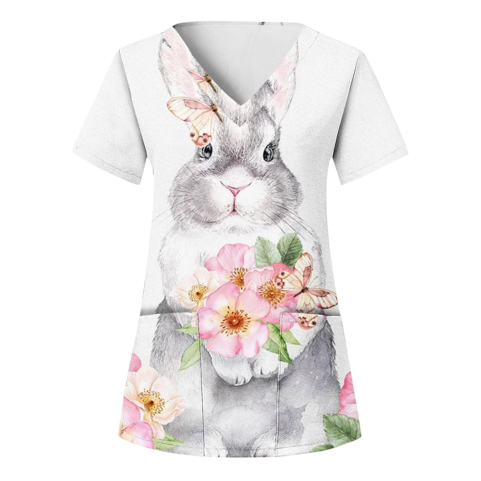 

Women s Short-Sleeved V-neck Easter Print Pocket Carer Top XL білий