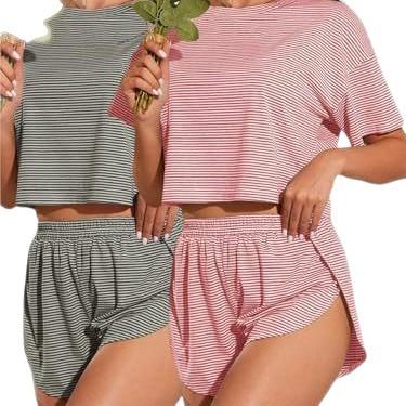 Women's Summer Pajamas Two-piece Set Striped Short Sleeve T-Shirt Split Shorts Loungewear