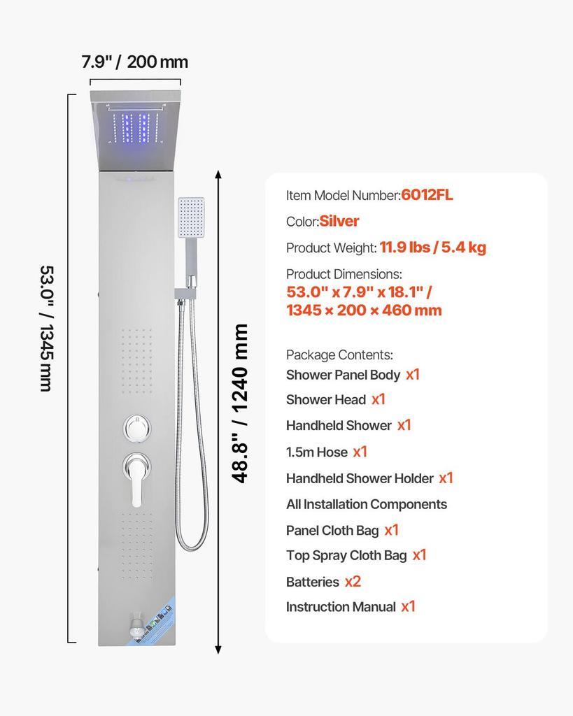 VEVOR Shower Panel Tower System with Rainfall Waterfall Shower Head, LED, 53 in Brushed Stainless Steel Shower Column, 5-Function Faucet