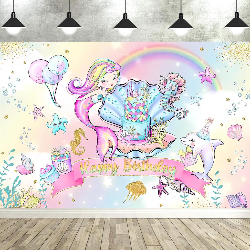 Mermaid Birthday Backdrop Under The Sea Birthday Party Decoration for Girl Purple Glitter  Mermaid Tails Photography Background