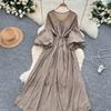 Retro V-Ne Belted Waist Lantern Sve Dr Knee-Length A-Line Midi Dresses Korean Sle Summer Long Dress for Women