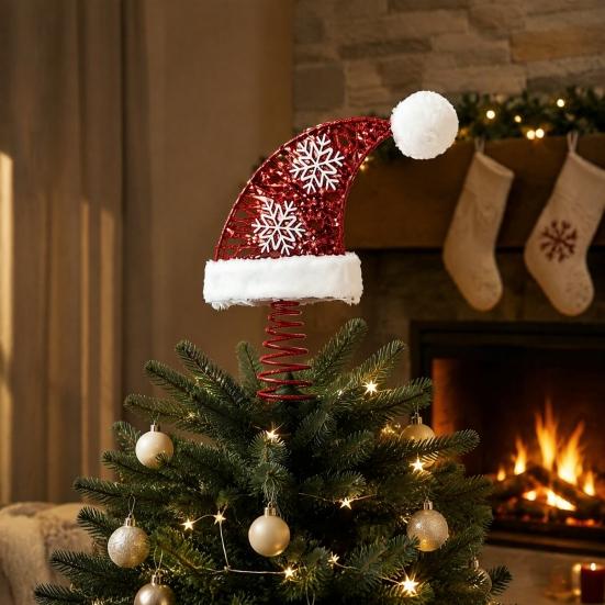 Unique Tree Top Decoration Santa Hat Christmas Topper with Fluffy Pom Ball, 10 Inch Metal Red Fabric Wire Treetop Ornament Spring Base for
