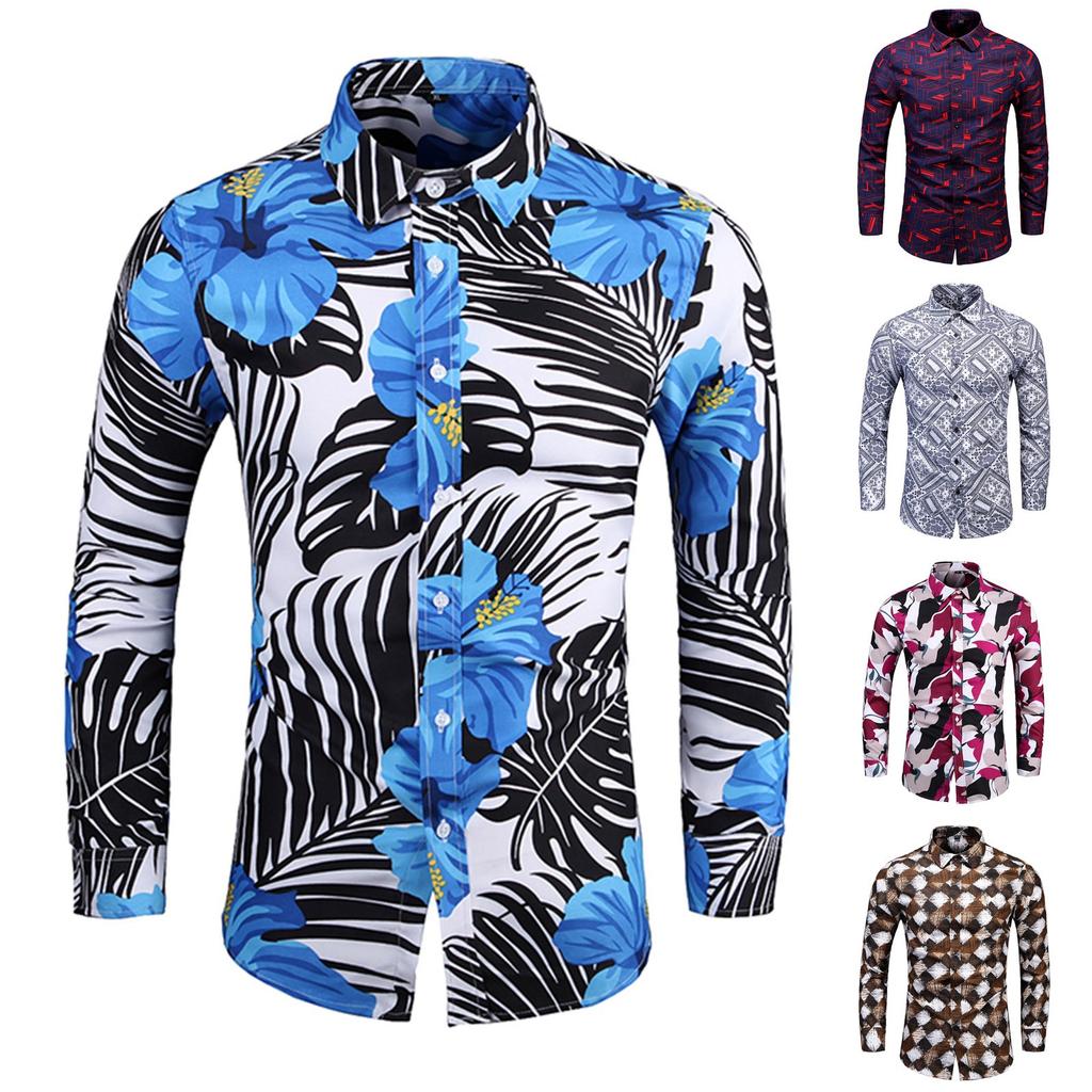 Men's Loose Print Long-sleeved Shirt Large Fashion Casual Beach Shirt Men