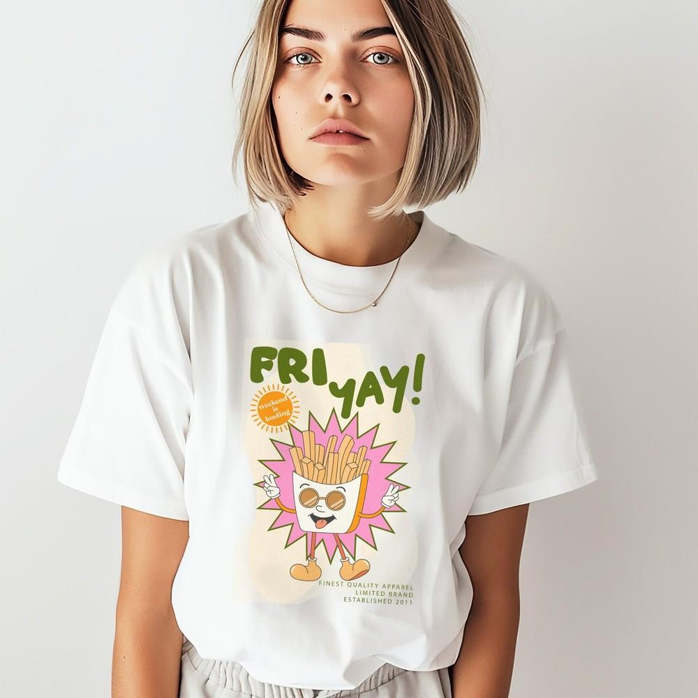 26 Fri Yay! Cartoon Graphic White T-Shirt, Happy Friyay Tee, Retro Chips T, Uni Unisex T-Shirt XXXL