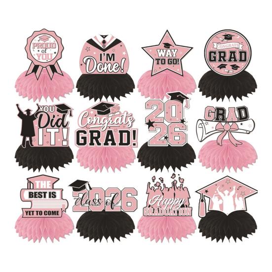 12Pcs 2026 Graduation Honeycomb Decor 3D Honeycomb Centerpieces for Commencement Party Red & Black Theme Bachelor Cap Party Decor for Table Decor &