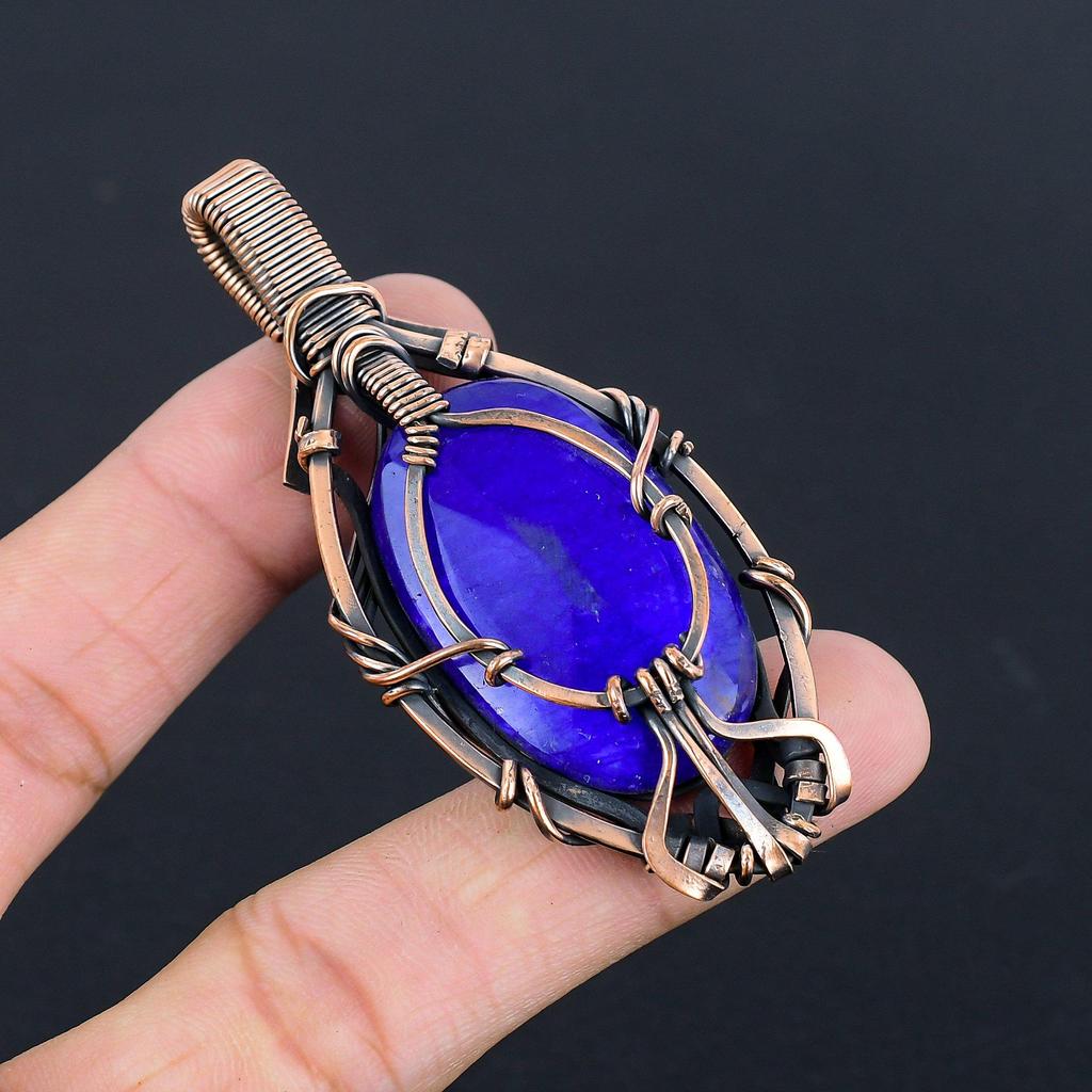 Blue Sapphire Pendant, Handmade Gemstone Pendant, 999 Copper Wire Wrapped Pendant Antique Jewelry, For Engagement Gift