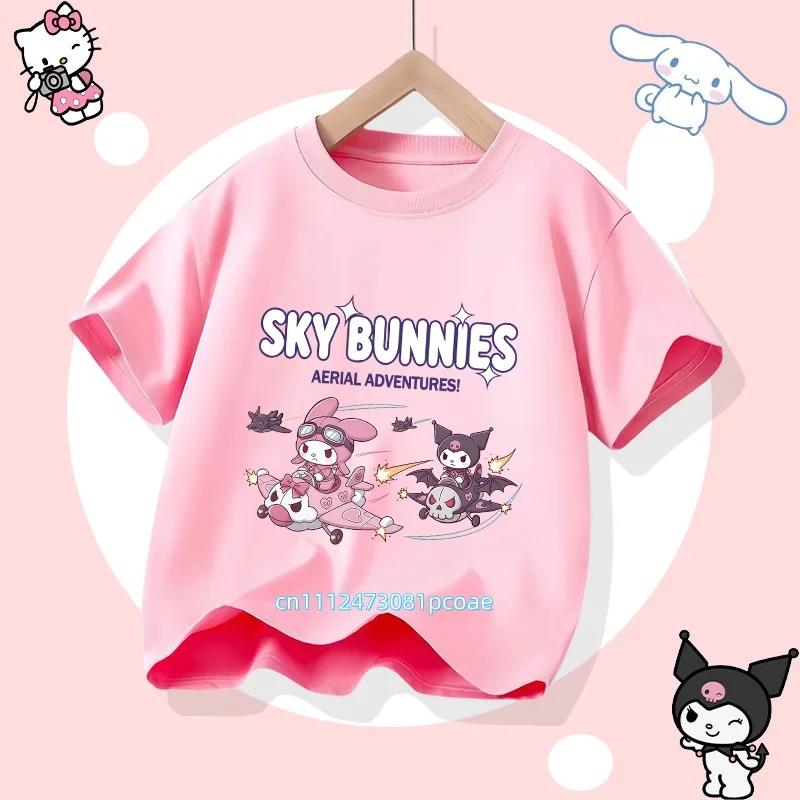 Kuromi Childrens Pure Cotton ShortSleeved Girls Casual Shirt Summer TShirt with Cartoon Print Three Little Monkeys Series 100
