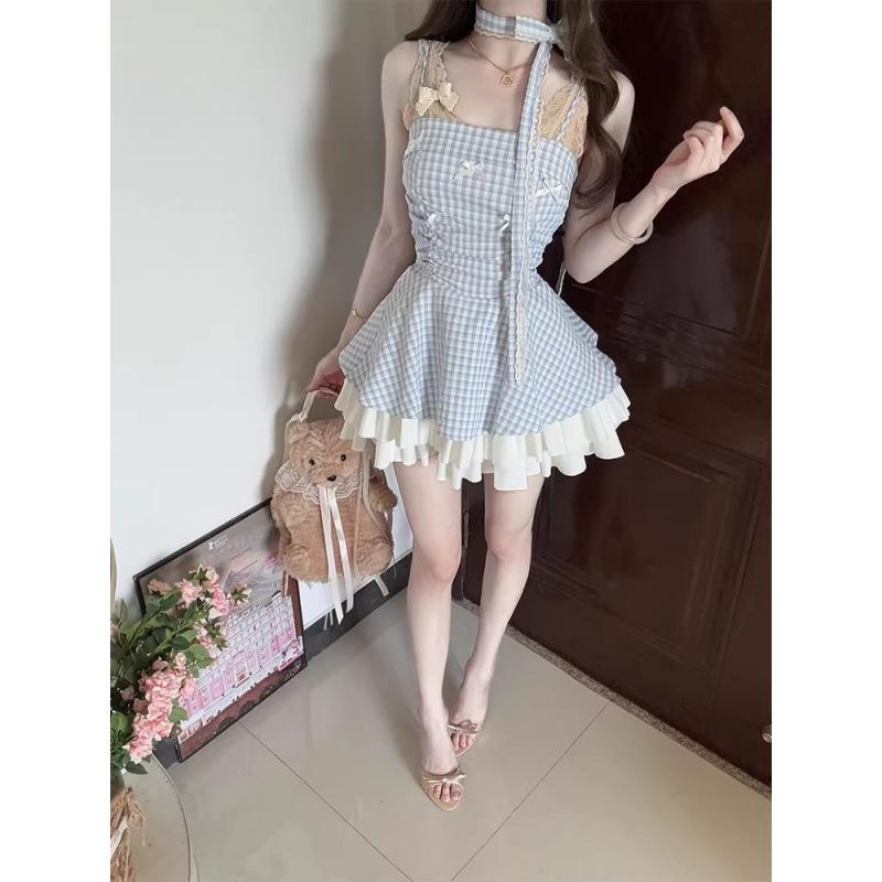 Double-layer suit, dyed, sweet style, sexy bow suspender dress, women's high-waisted and thin plaid puffy skirt