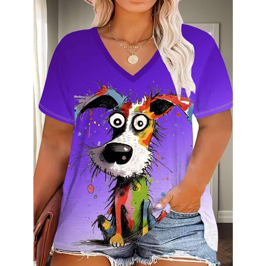 XL-7XL Plus Size Women's Men Animal Dog Casual 3D Print Loose V Neck Short Sleeved T-shirt Top