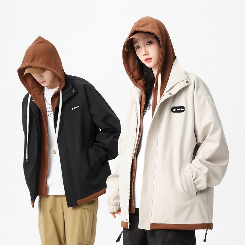Men's Spring and Autumn Casual Jacket Men's Jacket Spring Men's Versatile Fake Two Contrasting Hooded Loose Jacket Top