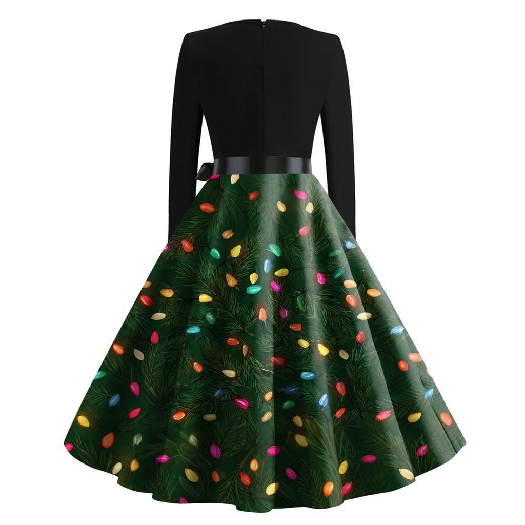 Damen Lässig Und Modisch V-Ausschnitt Langärmlig Weihnachten Bedrucktes Kleid