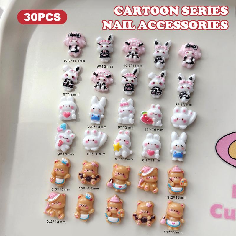 30Pcs Cartoon Bunny Nail Art Charm 3D Candy Color Resin Cartoon Little Brown Bear Nail Decoration Kawaii Nail Accessories