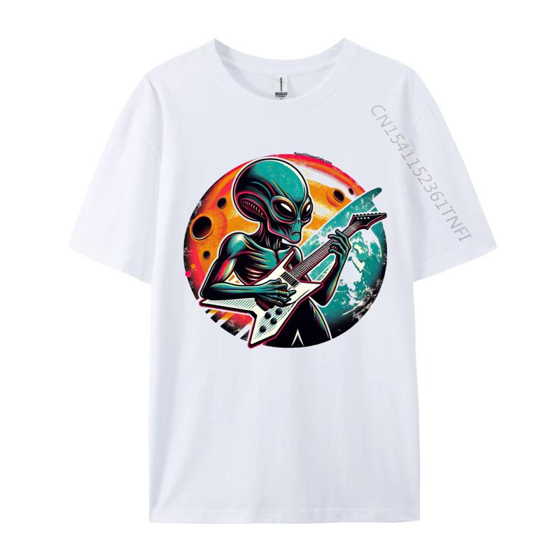 Retro Alien Guitar Rockstar Tshirt Funny T Shirt For Men Premium Cotton Autumn Tshirts Street Tops Shirt