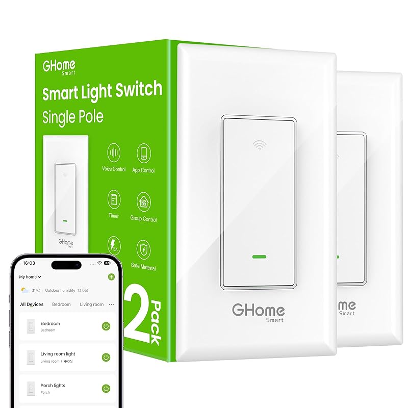 GHome Smart Switches for Lights, WiFi Smart Light Switch Works with Alexa and Google Home, Single-Pole, Neutral Wire Required, 2.4Ghz WiFi Light