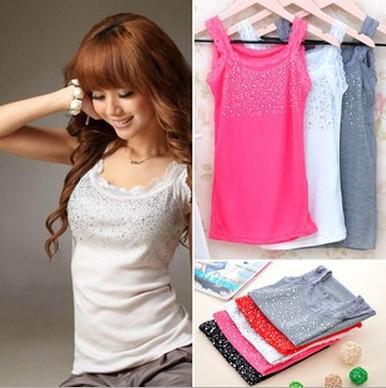 Koreanische Version von heißem Diamant-Westen Damen vielseitig Sommer Spitze Spitze gefädelt Baumwolle Gypsy Strass schmaler Primer I-förmiger Träger
