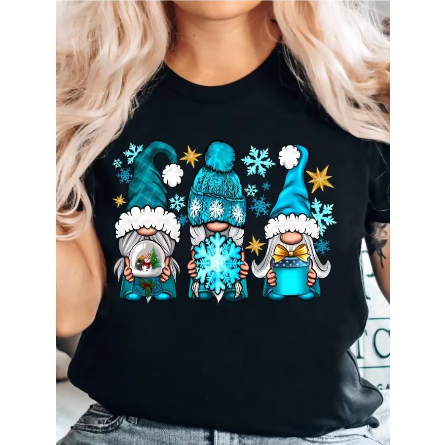 Women's Christmas Gnome Graphic T-Shirt Short Sleeve Round Neck Casual Top Washable Holiday Party Tee for Women, Gnome Gift